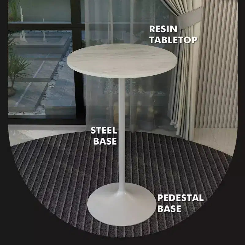 Leisuremod Verve 27 Table de Bar Ronde - Plateau Moderne en Résine avec Piètement Central en Acier Blanc, Table Hauteur Comptoir pour Cuisine, Maison et Pub