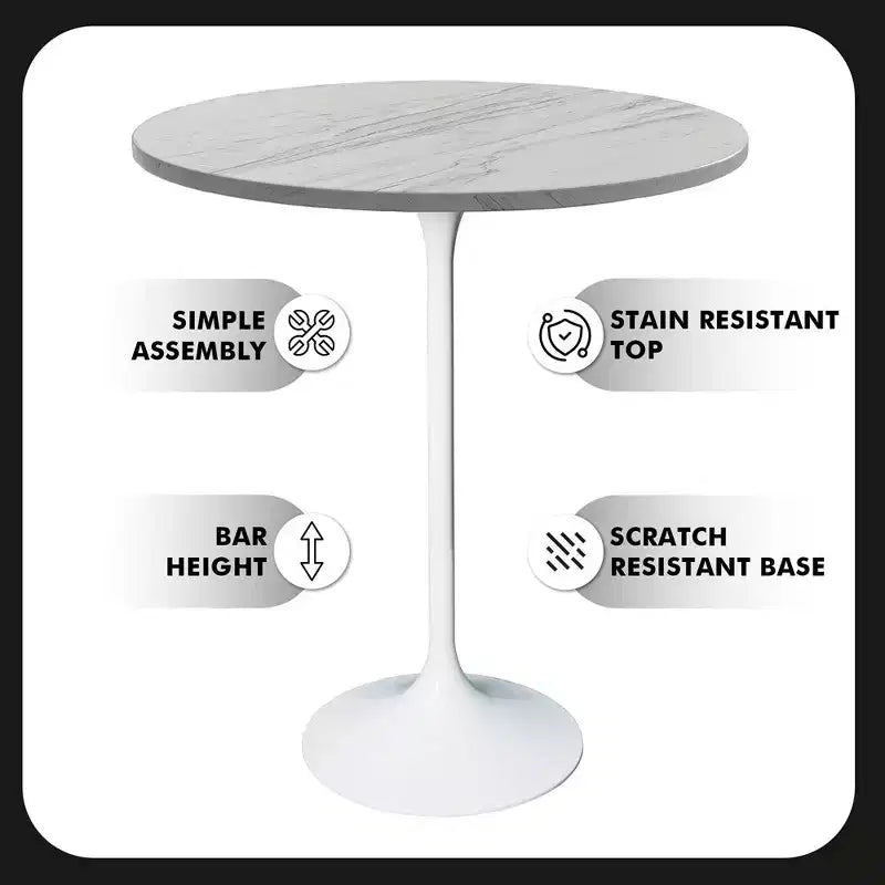 Leisuremod Verve 27 Table de Bar Ronde - Plateau Moderne en Résine avec Piètement Central en Acier Blanc, Table Hauteur Comptoir pour Cuisine, Maison et Pub