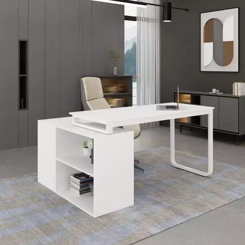 Famapy White Rotatable L-Shaped Computer Desk With Storage Drawers and Shelves