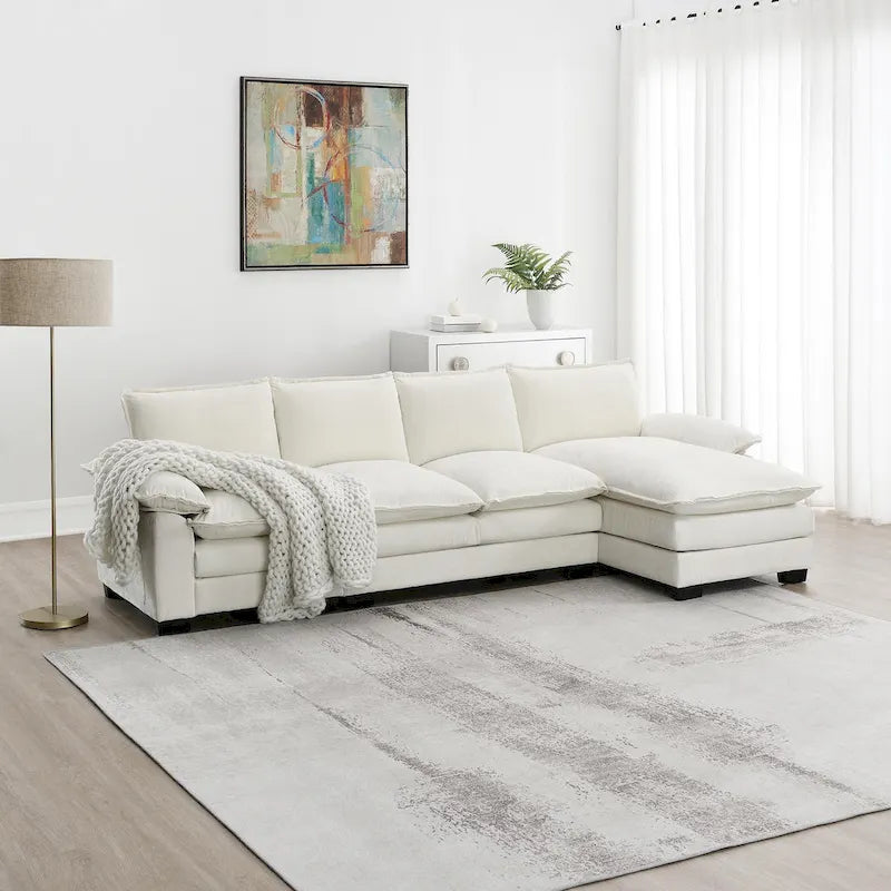 [VIDEO provided][New]118*55 Modern L-shaped Chenille Cloud Sofa with Double Seat Cushions,5-seat Upholstered Indoor Furniture,S