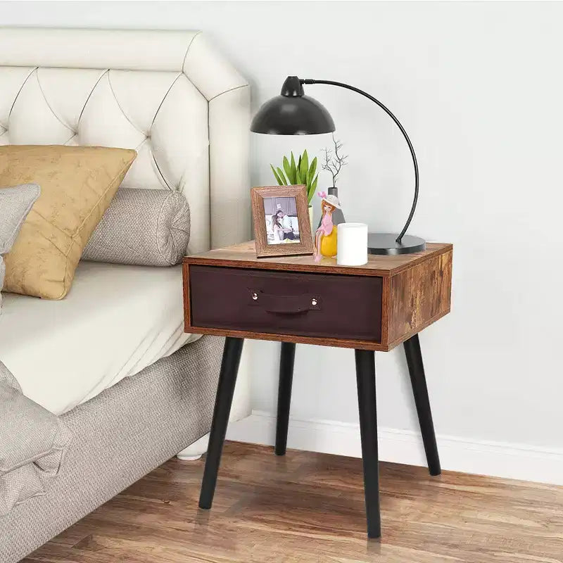Table de chevet d'appoint Costway style mi-siècle avec tiroir en tissu marron rustique