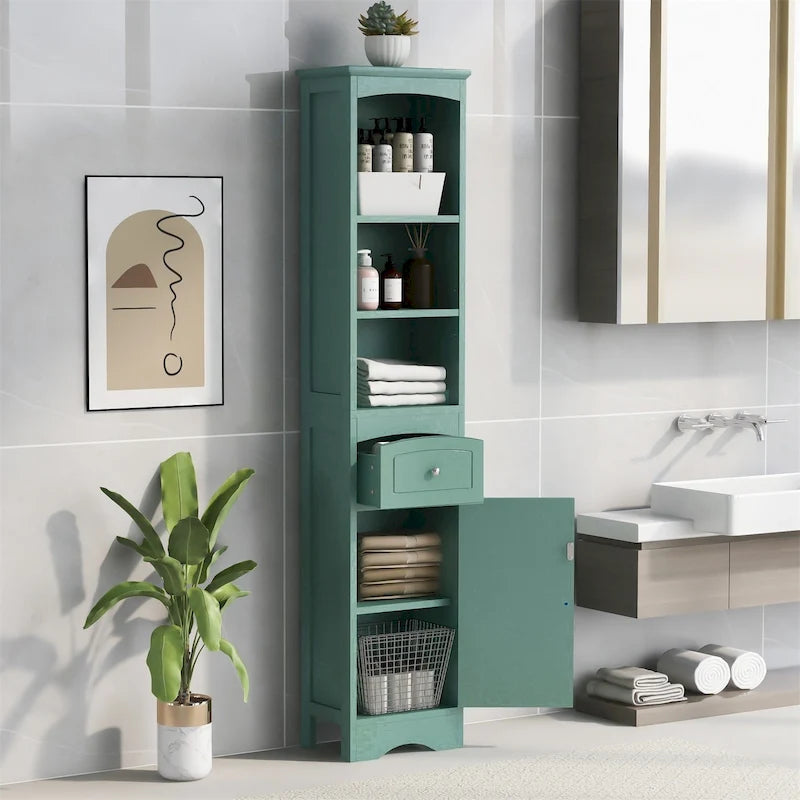 Meuble de salle de bain haut avec placard de rangement, tiroir et étagères