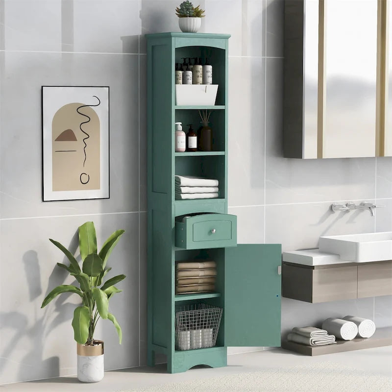 Meuble de salle de bain haut avec placard de rangement, tiroir et étagères
