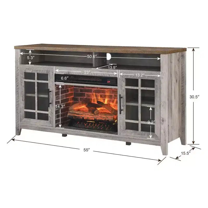 Meuble TV moderne de 55 pouces, console de divertissement avec cheminée encastrable, meuble de rangement pour salon