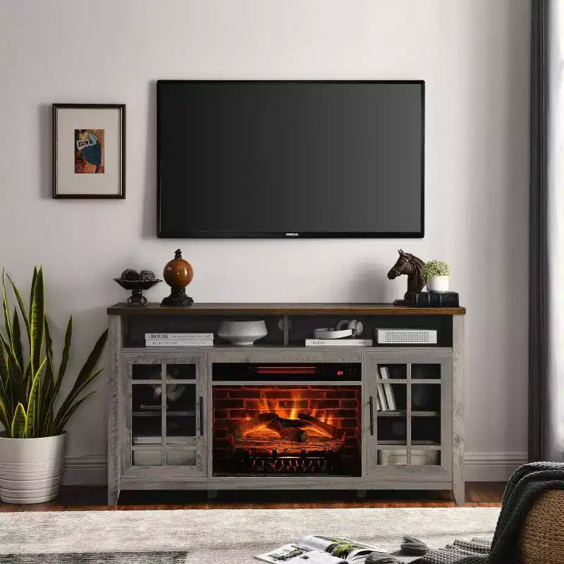 Meuble TV moderne de 55 pouces, console de divertissement avec cheminée encastrable, meuble de rangement pour salon