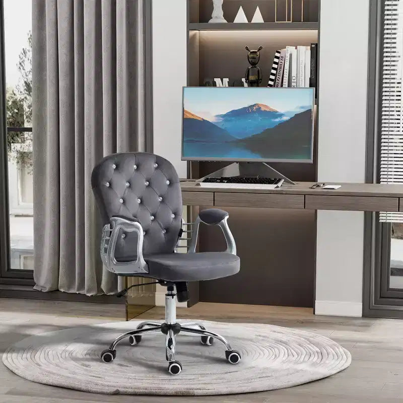Chaise de bureau Vinsetto Vanity à dossier mi-haut, dossier capitonné, roues pivotantes, chaise de travail réglable en hauteur, confortable avec accoudoirs
