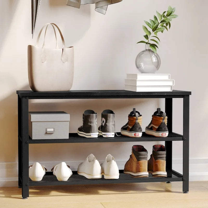 3-Tier Entryway Bench with Mesh Metal Shoe Storage Shelves