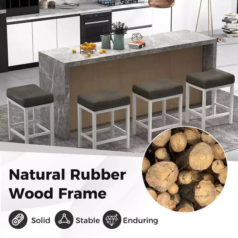 Costway Lot de 4 tabourets de bar 62 cm avec cadre en bois d'hévéa massif, repose-pieds ergonomique, cuisine, blanc/gris