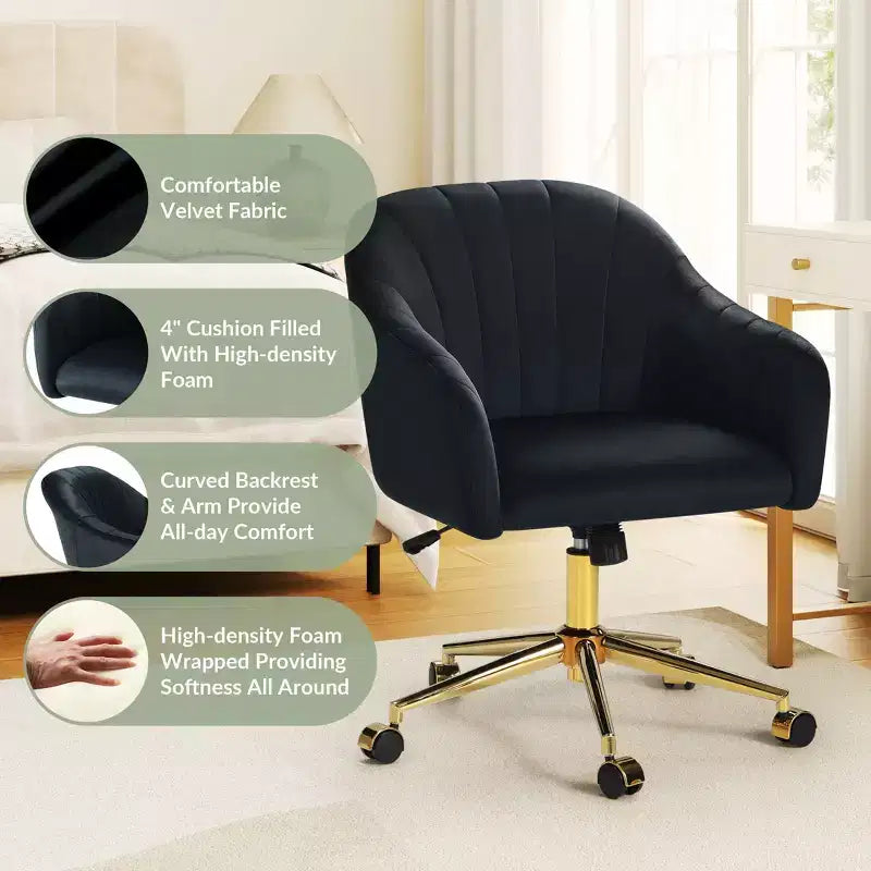 WestinTrends Phoebe Chaise de bureau pivotante en velours avec roulettes, noir