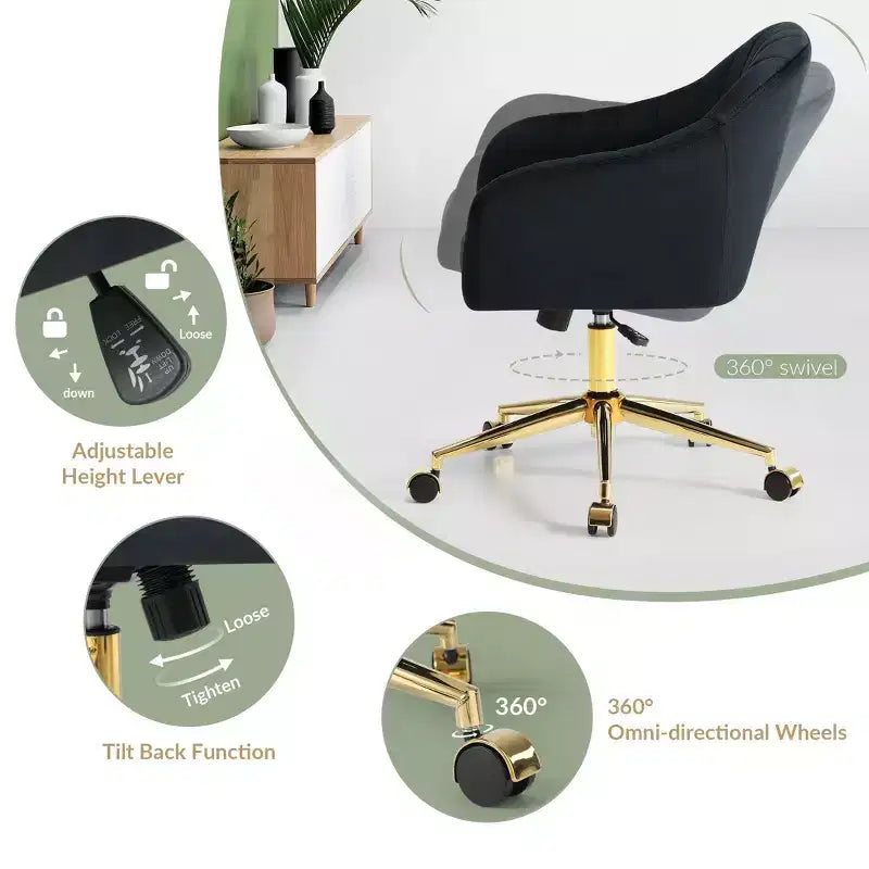 WestinTrends Phoebe Chaise de bureau pivotante en velours avec roulettes, noir