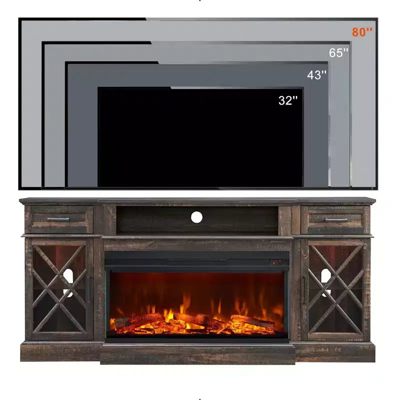 Meuble TV avec cheminée pour téléviseurs jusqu'à 80 pouces, meuble de divertissement style ferme avec cheminée électrique de 36 pouces et meuble de rangement avec porte vitrée