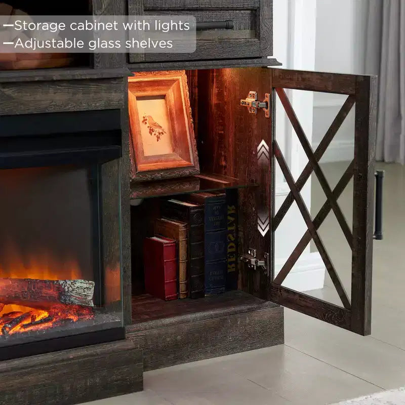 Meuble TV avec cheminée pour téléviseurs jusqu'à 80 pouces, meuble de divertissement style ferme avec cheminée électrique de 36 pouces et meuble de rangement avec porte vitrée