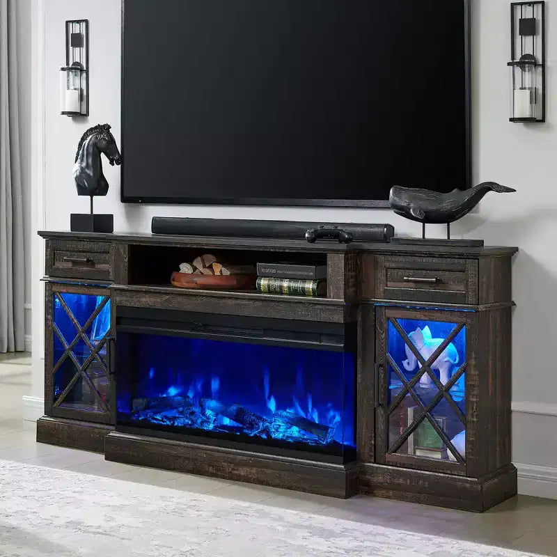 Meuble TV avec cheminée pour téléviseurs jusqu'à 80 pouces, meuble de divertissement style ferme avec cheminée électrique de 36 pouces et meuble de rangement avec porte vitrée