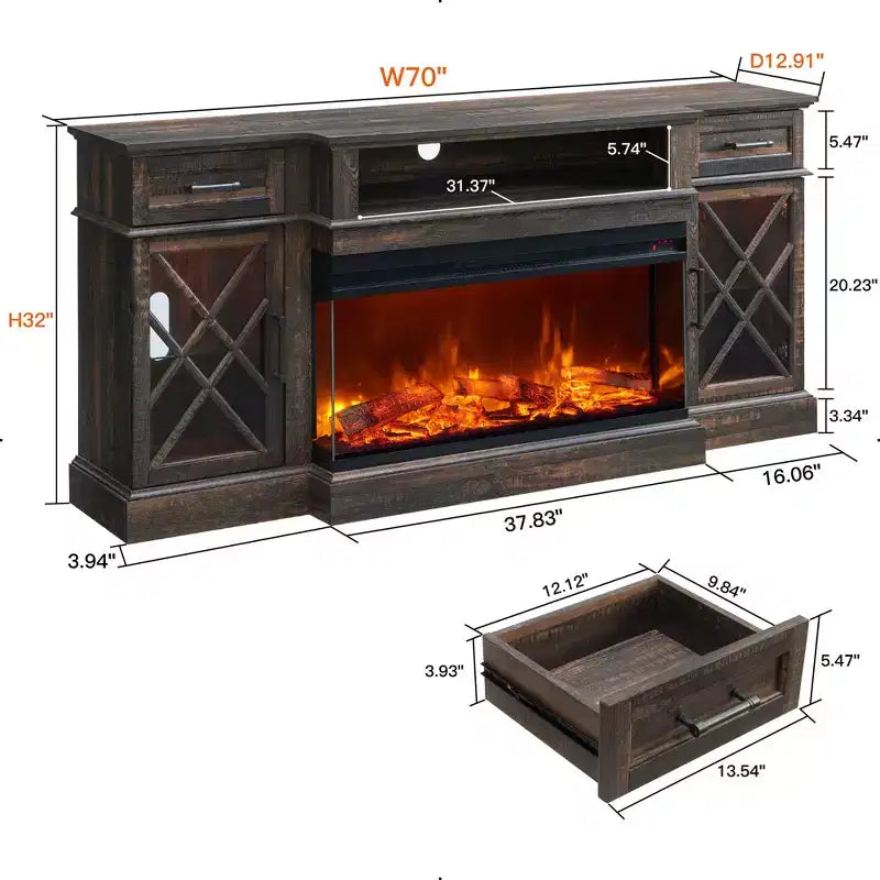 Meuble TV avec cheminée pour téléviseurs jusqu'à 80 pouces, meuble de divertissement style ferme avec cheminée électrique de 36 pouces et meuble de rangement avec porte vitrée