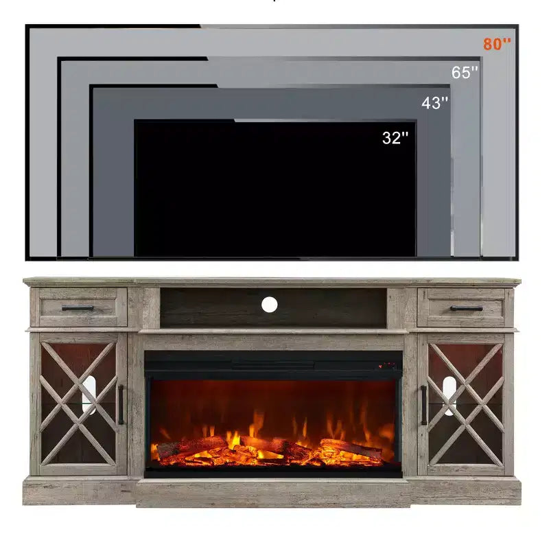 Meuble TV avec cheminée pour téléviseurs jusqu'à 80 pouces, meuble de divertissement style ferme avec cheminée électrique de 36 pouces et meuble de rangement avec porte vitrée