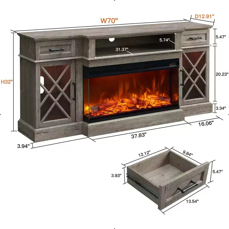 Meuble TV avec cheminée pour téléviseurs jusqu'à 80 pouces, meuble de divertissement style ferme avec cheminée électrique de 36 pouces et meuble de rangement avec porte vitrée