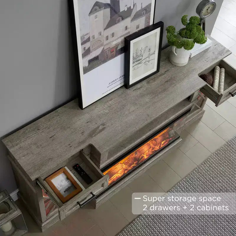 Meuble TV avec cheminée pour téléviseurs jusqu'à 80 pouces, meuble de divertissement style ferme avec cheminée électrique de 36 pouces et meuble de rangement avec porte vitrée