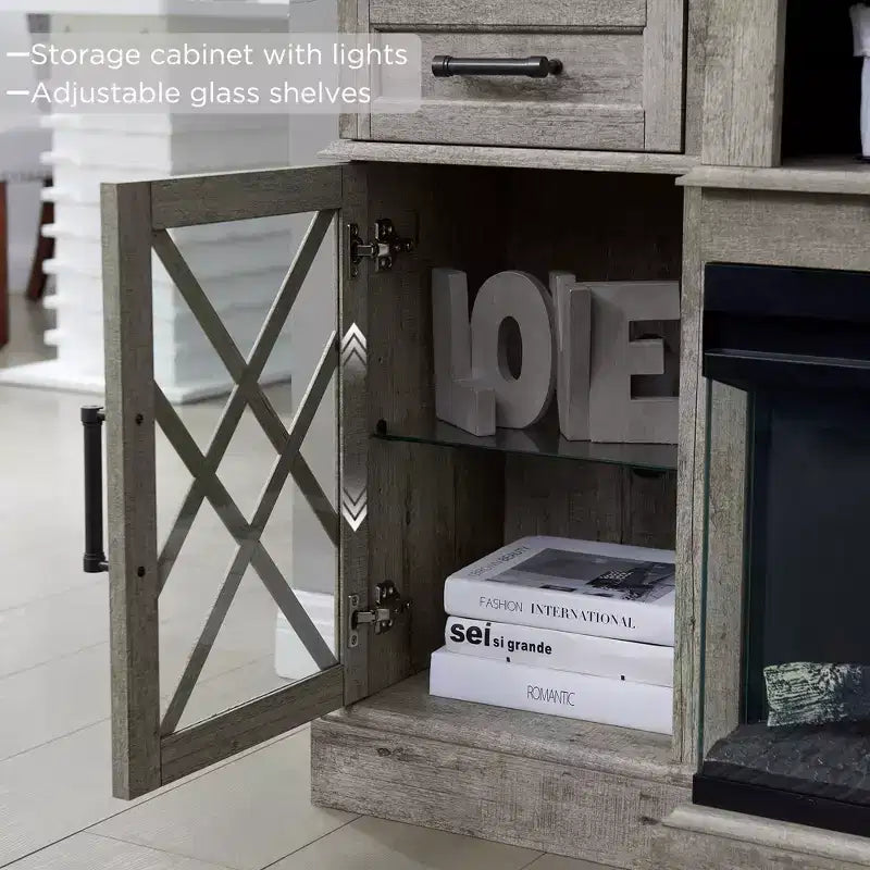 Meuble TV avec cheminée pour téléviseurs jusqu'à 80 pouces, meuble de divertissement style ferme avec cheminée électrique de 36 pouces et meuble de rangement avec porte vitrée