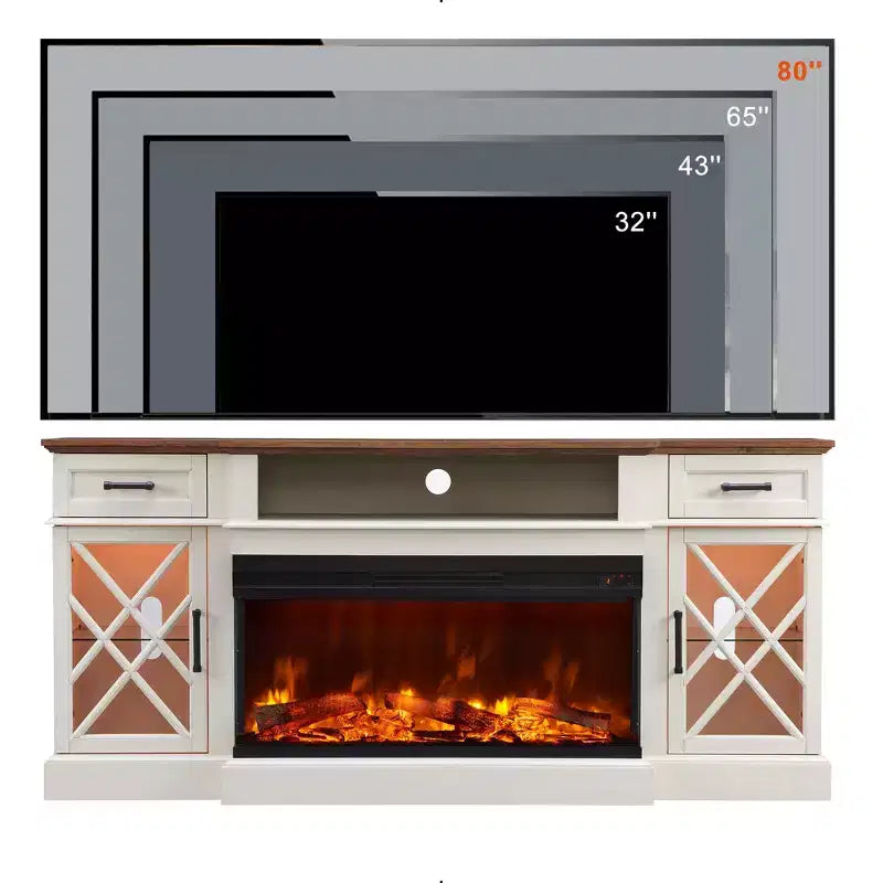 Meuble TV avec cheminée pour téléviseurs jusqu'à 80 pouces, meuble de divertissement style ferme avec cheminée électrique de 36 pouces et meuble de rangement avec porte vitrée