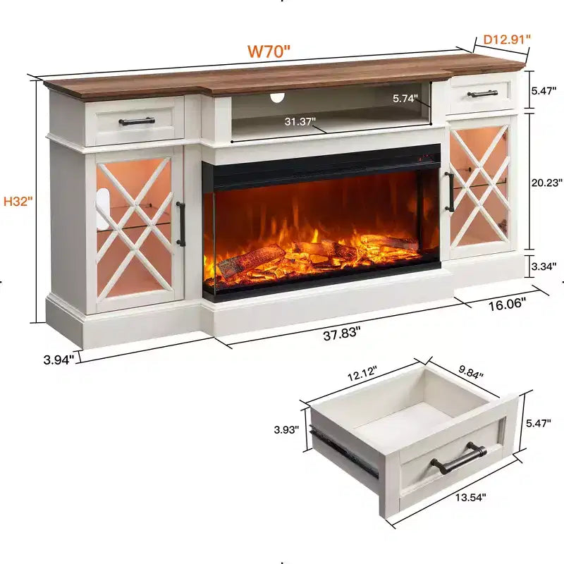 Meuble TV avec cheminée pour téléviseurs jusqu'à 80 pouces, meuble de divertissement style ferme avec cheminée électrique de 36 pouces et meuble de rangement avec porte vitrée