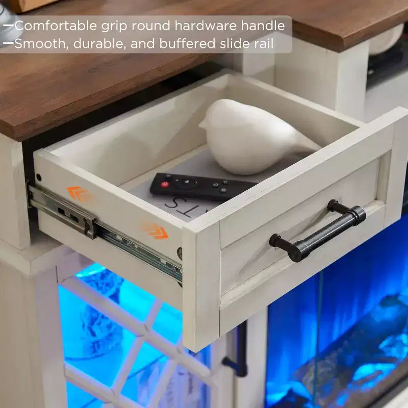 Meuble TV avec cheminée pour téléviseurs jusqu'à 80 pouces, meuble de divertissement style ferme avec cheminée électrique de 36 pouces et meuble de rangement avec porte vitrée