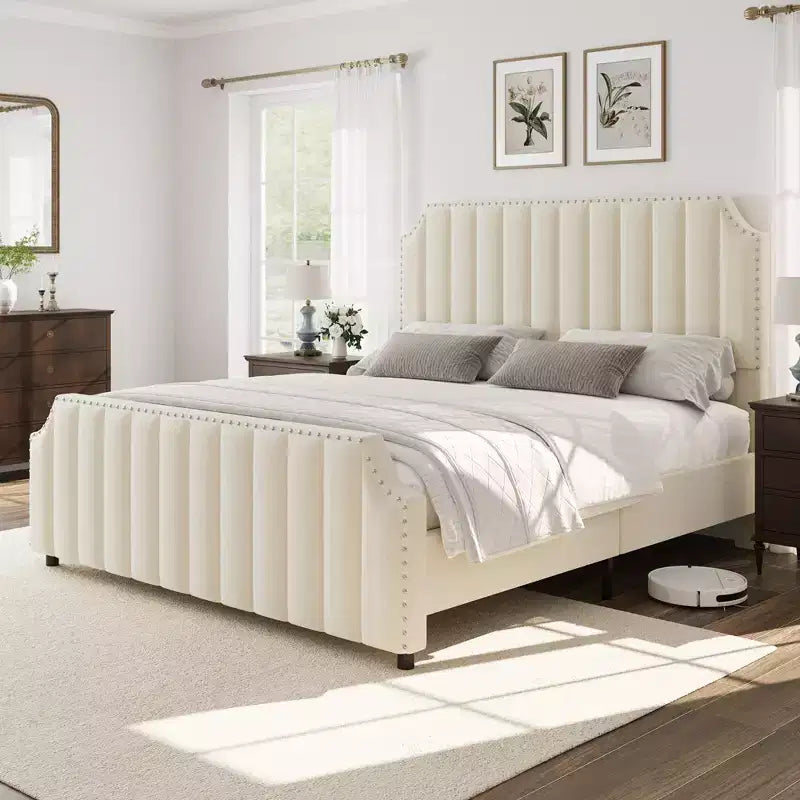 Whizmax Platform Bed Frame with 50.2 Headboard, Velvet Upholstered with Vertical Channel Tufted Headboard , No Box Spring Needed