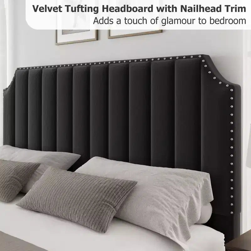 Cadre de lit plateforme Whizmax avec tête de lit de 50,2 po, recouverte de velours avec tête de lit capitonnée à rayures verticales, pas besoin de sommier tapissier