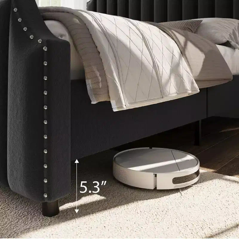 Cadre de lit plateforme Whizmax avec tête de lit de 50,2 po, recouverte de velours avec tête de lit capitonnée à rayures verticales, pas besoin de sommier tapissier