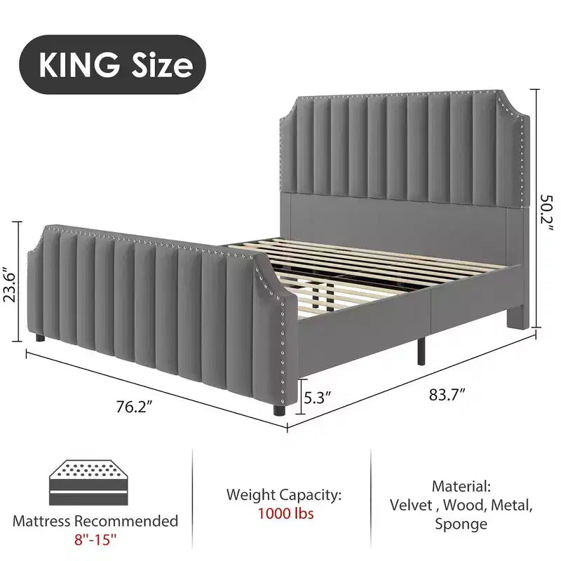 Cadre de lit plateforme Whizmax avec tête de lit de 50,2 po, recouverte de velours avec tête de lit capitonnée à rayures verticales, pas besoin de sommier tapissier