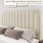 Cadre de lit plateforme Whizmax avec tête de lit de 50,2 po, recouverte de velours avec tête de lit capitonnée à rayures verticales, pas besoin de sommier tapissier
