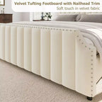 Cadre de lit plateforme Whizmax avec tête de lit de 50,2 po, recouverte de velours avec tête de lit capitonnée à rayures verticales, pas besoin de sommier tapissier