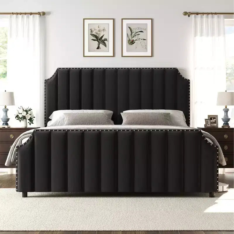 Cadre de lit plateforme Whizmax avec tête de lit de 50,2 po, recouverte de velours avec tête de lit capitonnée à rayures verticales, pas besoin de sommier tapissier