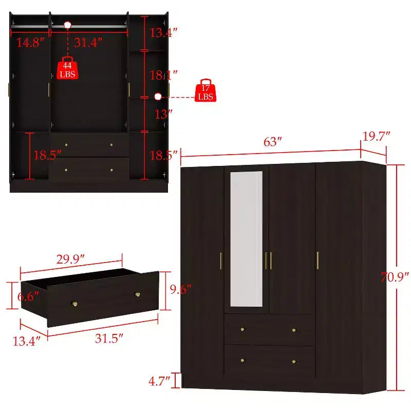 Famapy Armoire Moderne avec Miroir Rangement de Penderie: Barres Robustes, Tiroirs Coulissants Pratique et Élégante