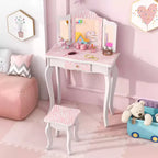 Coiffeuse enfant Costway et ensemble tabouret avec joli motif à pois, miroir triptyque, tiroir Rose et blanc/Rose clair et blanc/Rose et noir/Bleu/Rose