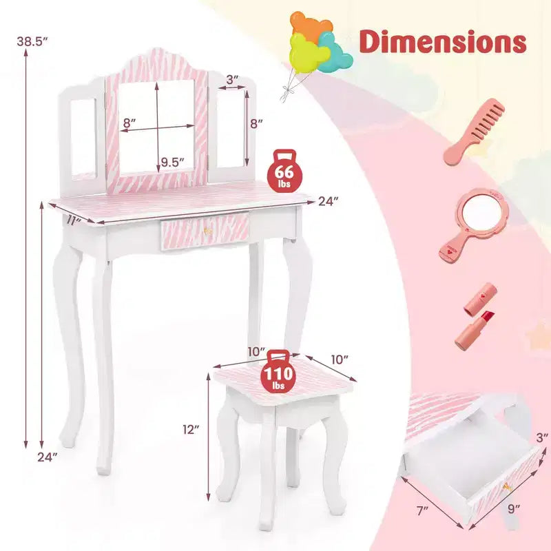 Coiffeuse enfant Costway et ensemble tabouret avec joli motif à pois, miroir triptyque, tiroir Rose et blanc/Rose clair et blanc/Rose et noir/Bleu/Rose