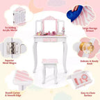 Coiffeuse enfant Costway et ensemble tabouret avec joli motif à pois, miroir triptyque, tiroir Rose et blanc/Rose clair et blanc/Rose et noir/Bleu/Rose