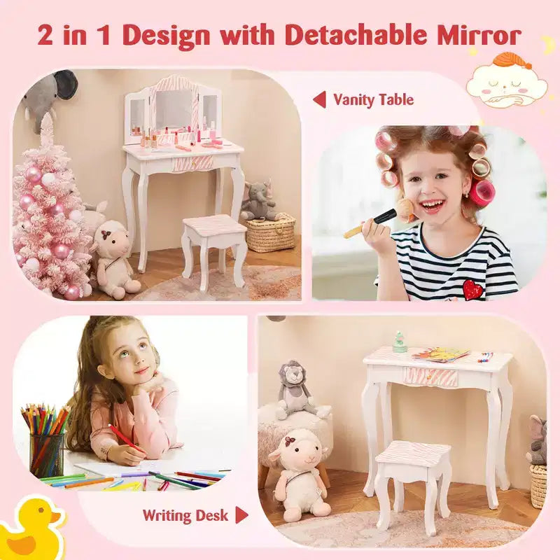 Coiffeuse enfant Costway et ensemble tabouret avec joli motif à pois, miroir triptyque, tiroir Rose et blanc/Rose clair et blanc/Rose et noir/Bleu/Rose