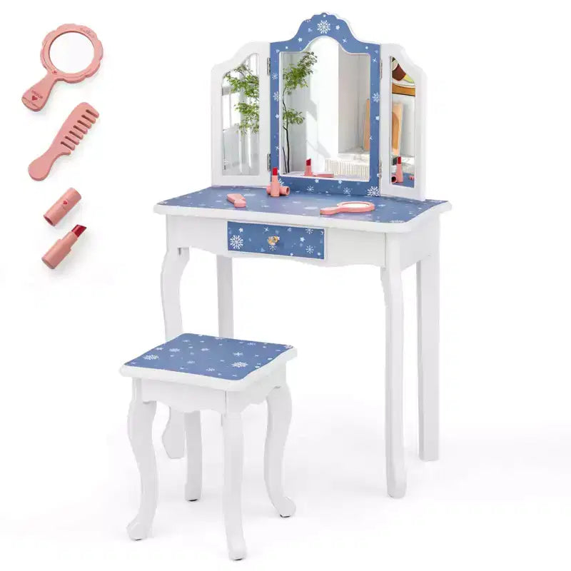 Coiffeuse enfant Costway et ensemble tabouret avec joli motif à pois, miroir triptyque, tiroir Rose et blanc/Rose clair et blanc/Rose et noir/Bleu/Rose