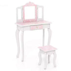 Coiffeuse enfant Costway et ensemble tabouret avec joli motif à pois, miroir triptyque, tiroir Rose et blanc/Rose clair et blanc/Rose et noir/Bleu/Rose