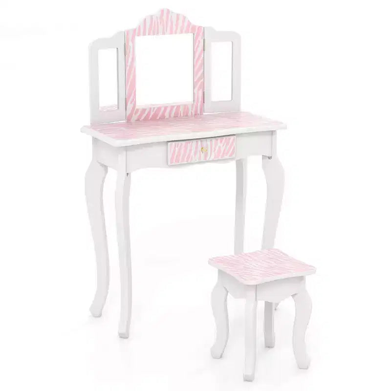 Coiffeuse enfant Costway et ensemble tabouret avec joli motif à pois, miroir triptyque, tiroir Rose et blanc/Rose clair et blanc/Rose et noir/Bleu/Rose