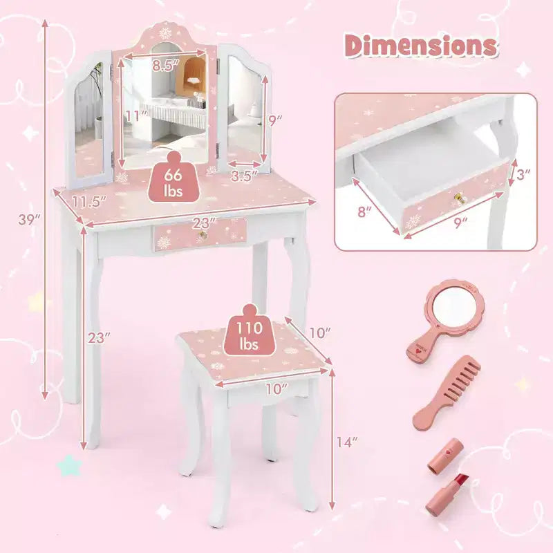 Coiffeuse enfant Costway et ensemble tabouret avec joli motif à pois, miroir triptyque, tiroir Rose et blanc/Rose clair et blanc/Rose et noir/Bleu/Rose