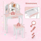 Coiffeuse enfant Costway et ensemble tabouret avec joli motif à pois, miroir triptyque, tiroir Rose et blanc/Rose clair et blanc/Rose et noir/Bleu/Rose