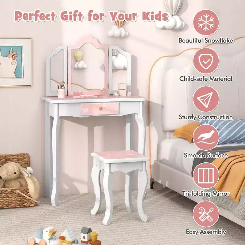 Coiffeuse enfant Costway et ensemble tabouret avec joli motif à pois, miroir triptyque, tiroir Rose et blanc/Rose clair et blanc/Rose et noir/Bleu/Rose
