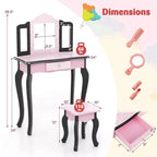 Coiffeuse enfant Costway et ensemble tabouret avec joli motif à pois, miroir triptyque, tiroir Rose et blanc/Rose clair et blanc/Rose et noir/Bleu/Rose