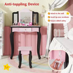 Coiffeuse enfant Costway et ensemble tabouret avec joli motif à pois, miroir triptyque, tiroir Rose et blanc/Rose clair et blanc/Rose et noir/Bleu/Rose