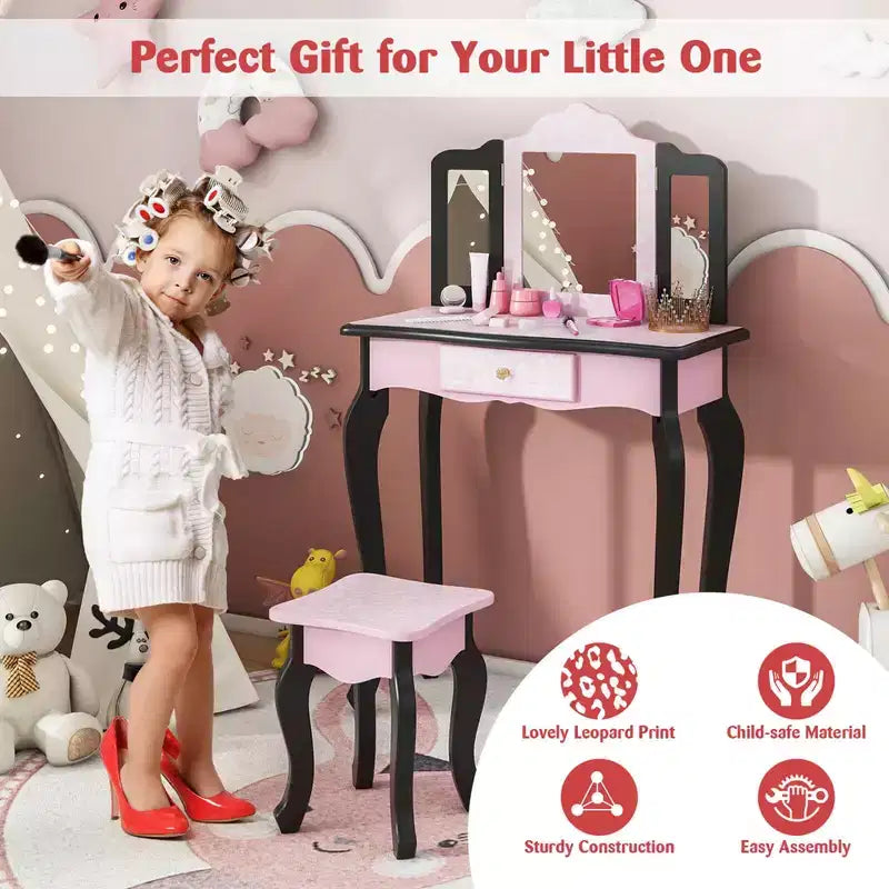Coiffeuse enfant Costway et ensemble tabouret avec joli motif à pois, miroir triptyque, tiroir Rose et blanc/Rose clair et blanc/Rose et noir/Bleu/Rose
