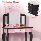 Coiffeuse enfant Costway et ensemble tabouret avec joli motif à pois, miroir triptyque, tiroir Rose et blanc/Rose clair et blanc/Rose et noir/Bleu/Rose