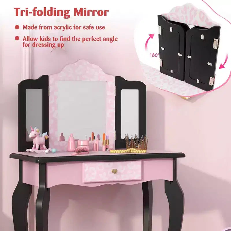 Coiffeuse enfant Costway et ensemble tabouret avec joli motif à pois, miroir triptyque, tiroir Rose et blanc/Rose clair et blanc/Rose et noir/Bleu/Rose