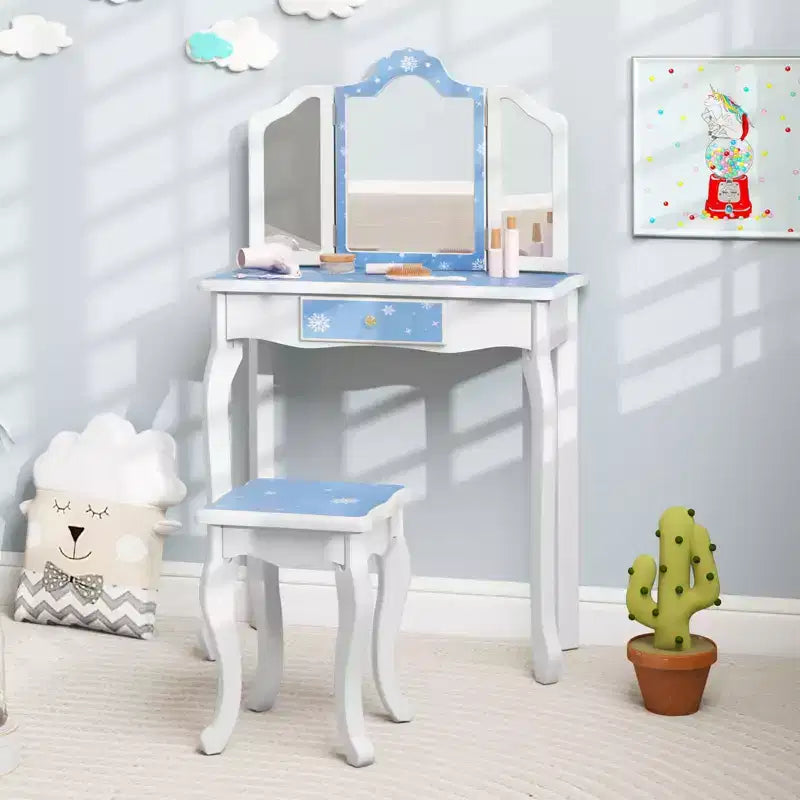 Coiffeuse enfant Costway et ensemble tabouret avec joli motif à pois, miroir triptyque, tiroir Rose et blanc/Rose clair et blanc/Rose et noir/Bleu/Rose