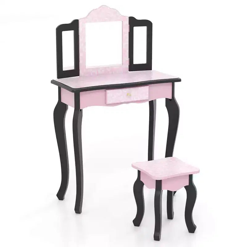 Coiffeuse enfant Costway et ensemble tabouret avec joli motif à pois, miroir triptyque, tiroir Rose et blanc/Rose clair et blanc/Rose et noir/Bleu/Rose